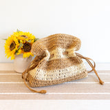 Women’s Stripe Straw Drawstring Bag Tote Bag for Beach, Vacation & Summer Outfits