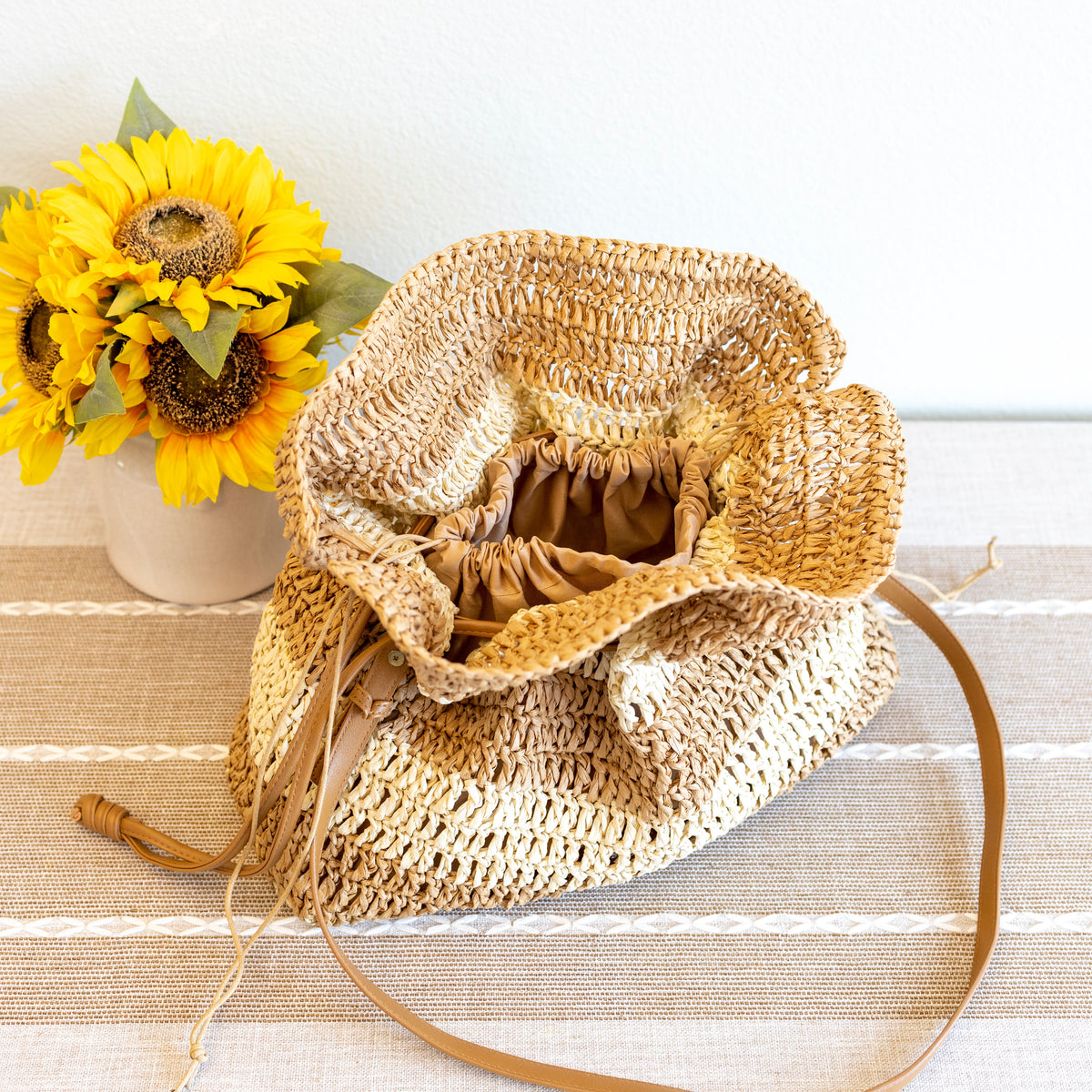 Women’s Stripe Straw Drawstring Bag Tote Bag for Beach, Vacation & Summer Outfits