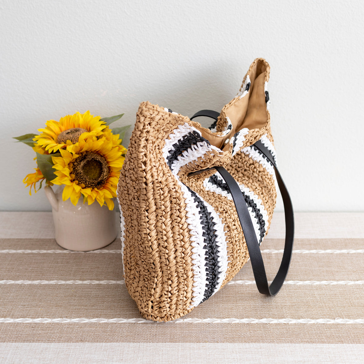 Women’s Striped Large Straw Woven Tote for Beach, Vacation & Summer Outfits