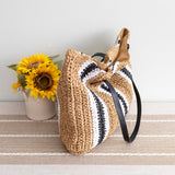 Women’s Striped Large Straw Woven Tote for Beach, Vacation & Summer Outfits