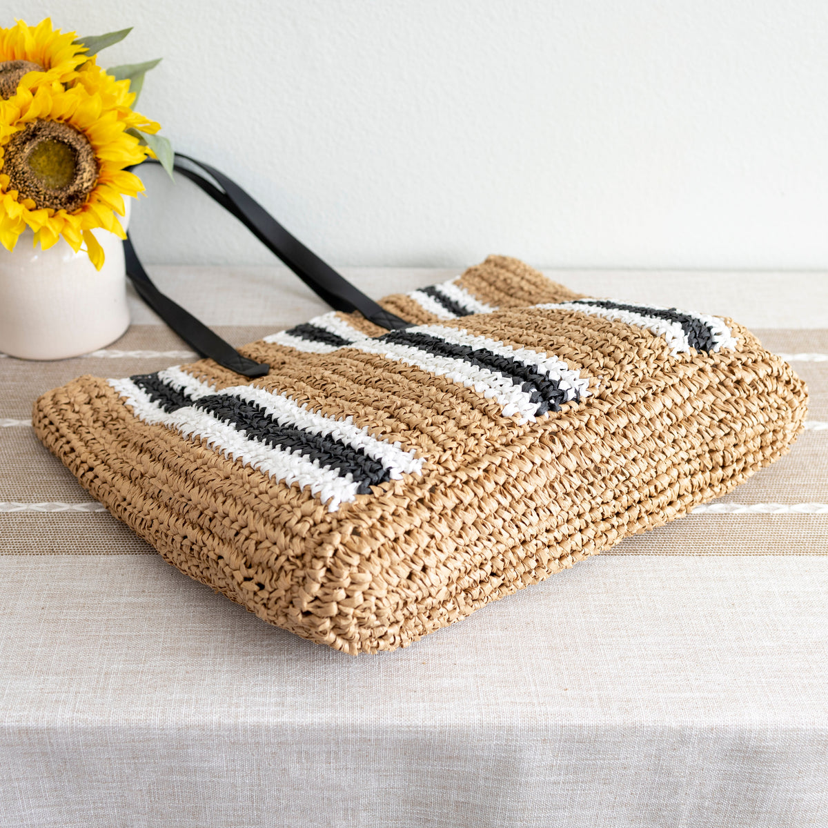 Women’s Striped Large Straw Woven Tote for Beach, Vacation & Summer Outfits