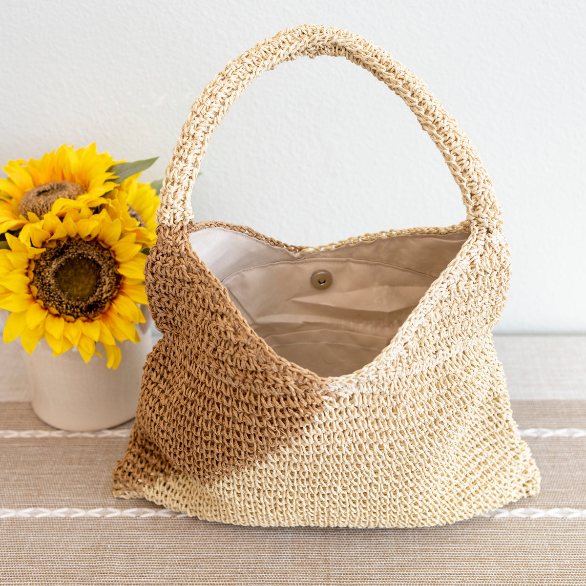 Women’s Summer Boho Simple Two-Tone Straw Shoulder Bag for Beach, Vacation & Summer Outfits