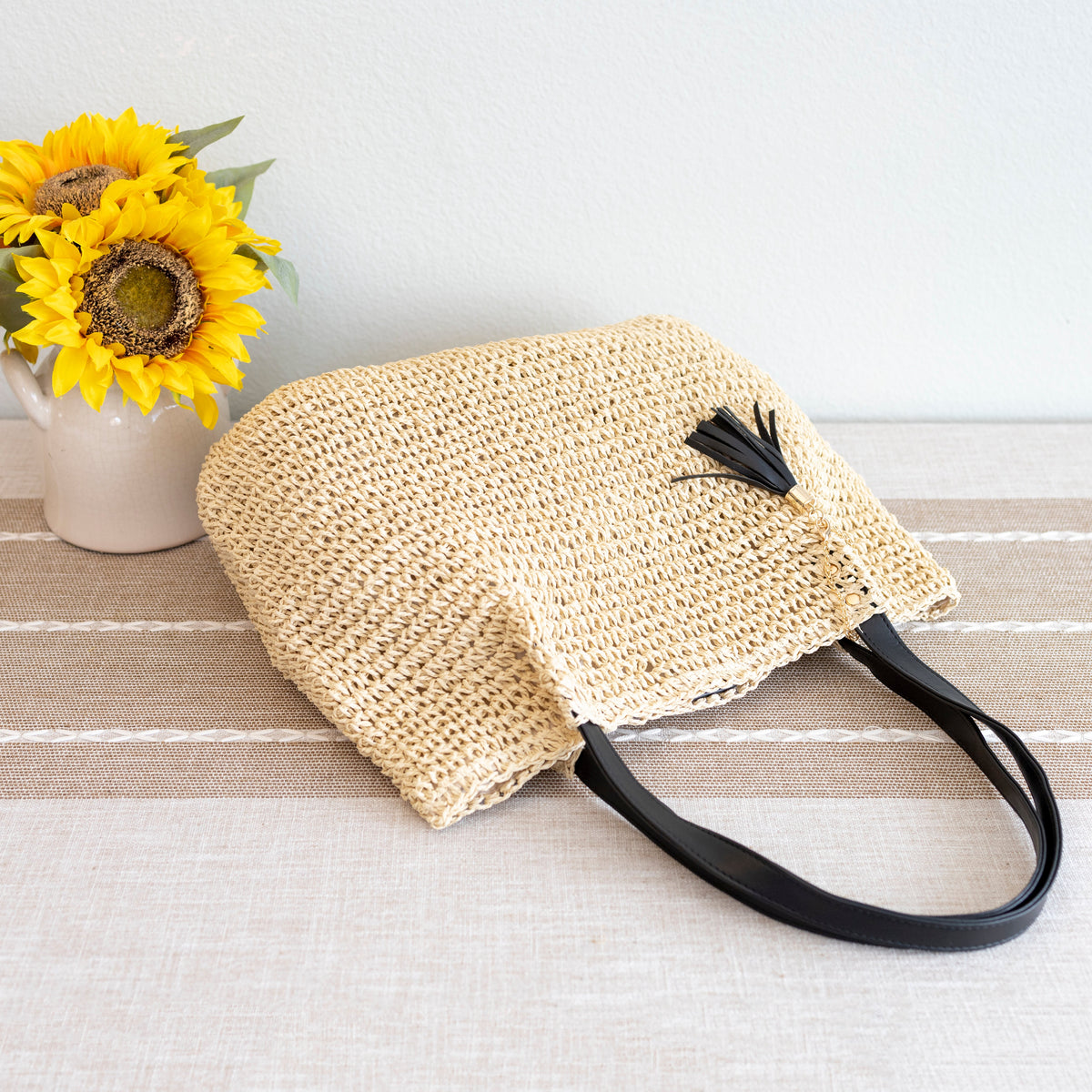 Women’s Straw Woven Tote with Leather Straps and Tassel for Beach, Vacation & Summer Outfits