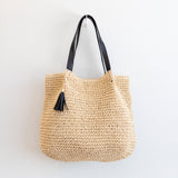 Women’s Straw Woven Tote with Leather Straps and Tassel for Beach, Vacation & Summer Outfits