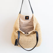 Women’s Straw Woven Tote with Leather Straps and Tassel for Beach, Vacation & Summer Outfits