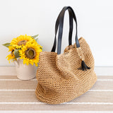Women’s Straw Woven Tote with Leather Straps and Tassel for Beach, Vacation & Summer Outfits