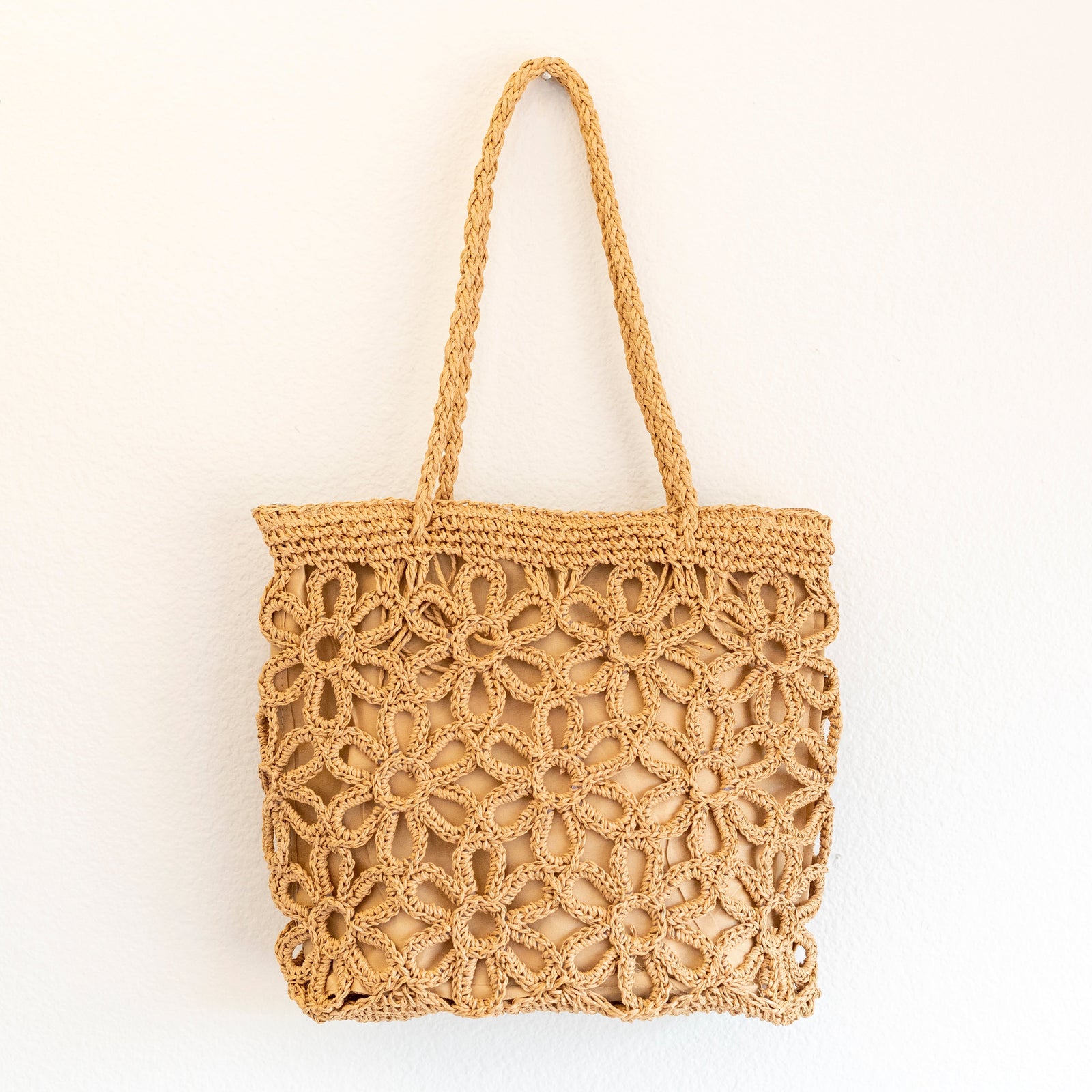 Women’s Long Handle Floral Design Straw Beach Tote for Beach, Vacation & Summer Outfits