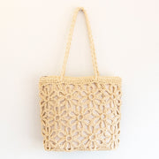 Women’s Long Handle Floral Design Straw Beach Tote for Beach, Vacation & Summer Outfits