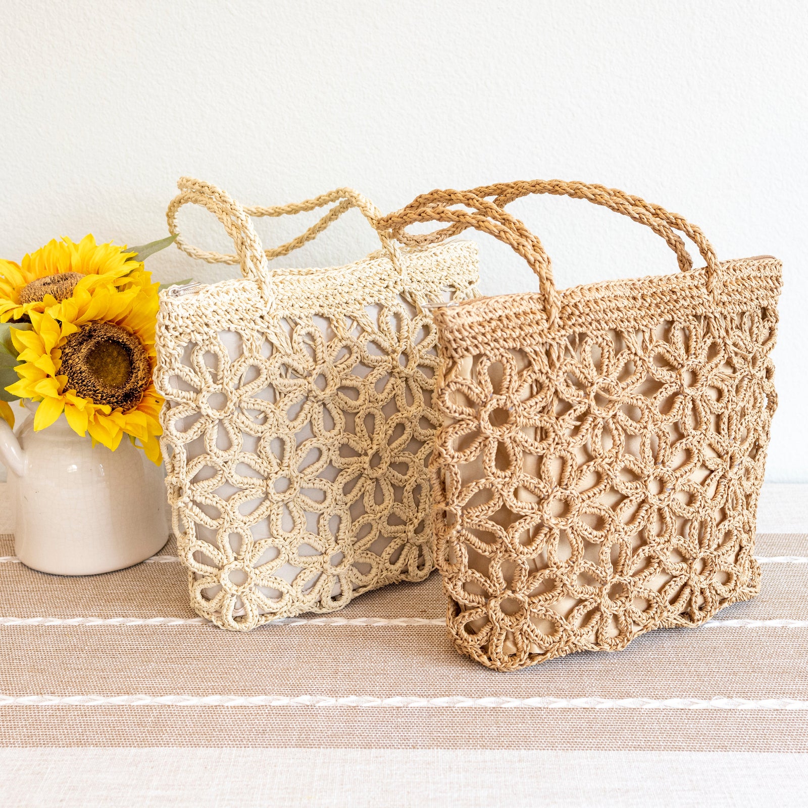 Women’s Long Handle Floral Design Straw Beach Tote for Beach, Vacation & Summer Outfits