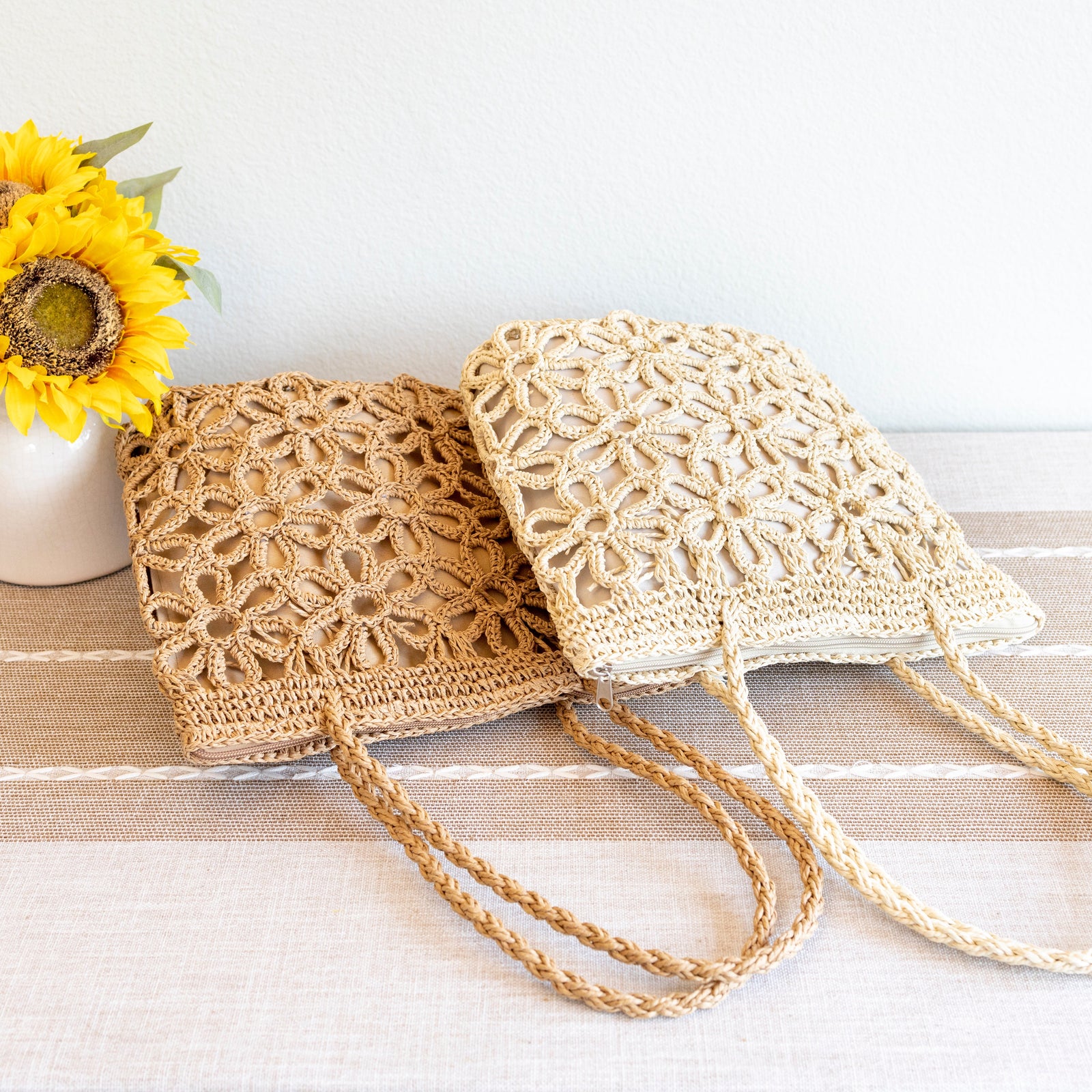 Women’s Long Handle Floral Design Straw Beach Tote for Beach, Vacation & Summer Outfits
