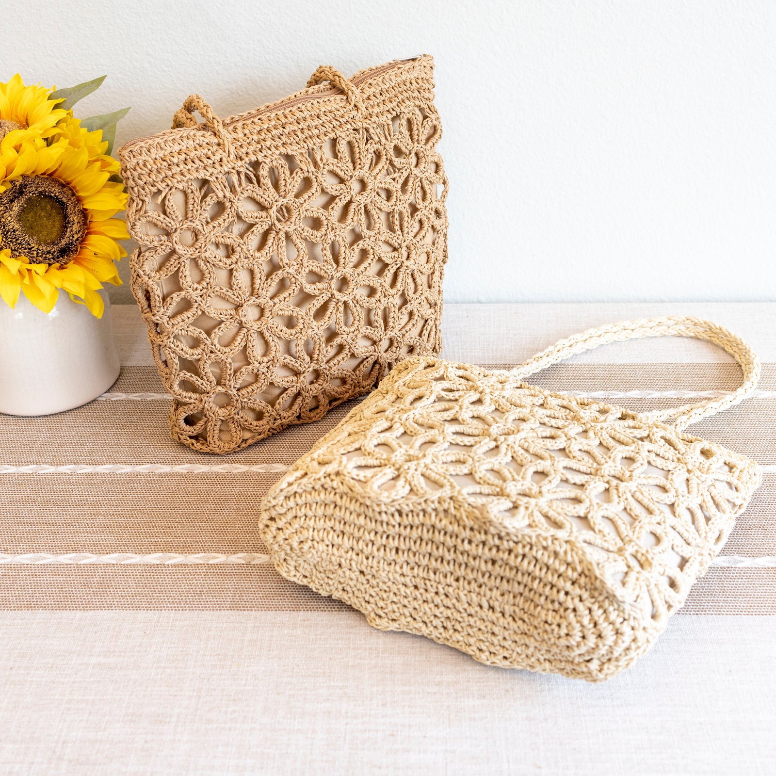 Women’s Long Handle Floral Design Straw Beach Tote for Beach, Vacation & Summer Outfits