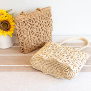 Women’s Long Handle Floral Design Straw Beach Tote for Beach, Vacation & Summer Outfits