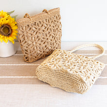 Women’s Long Handle Floral Design Straw Beach Tote for Beach, Vacation & Summer Outfits