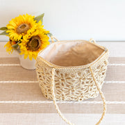 Women’s Long Handle Floral Design Straw Beach Tote for Beach, Vacation & Summer Outfits
