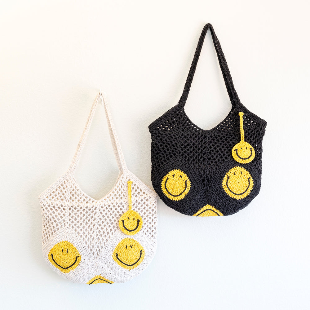 Damen Baumwoll-Häkel-Handtasche mit Smiley-Gesicht für Boho-Alltagsstil & Geschenke
