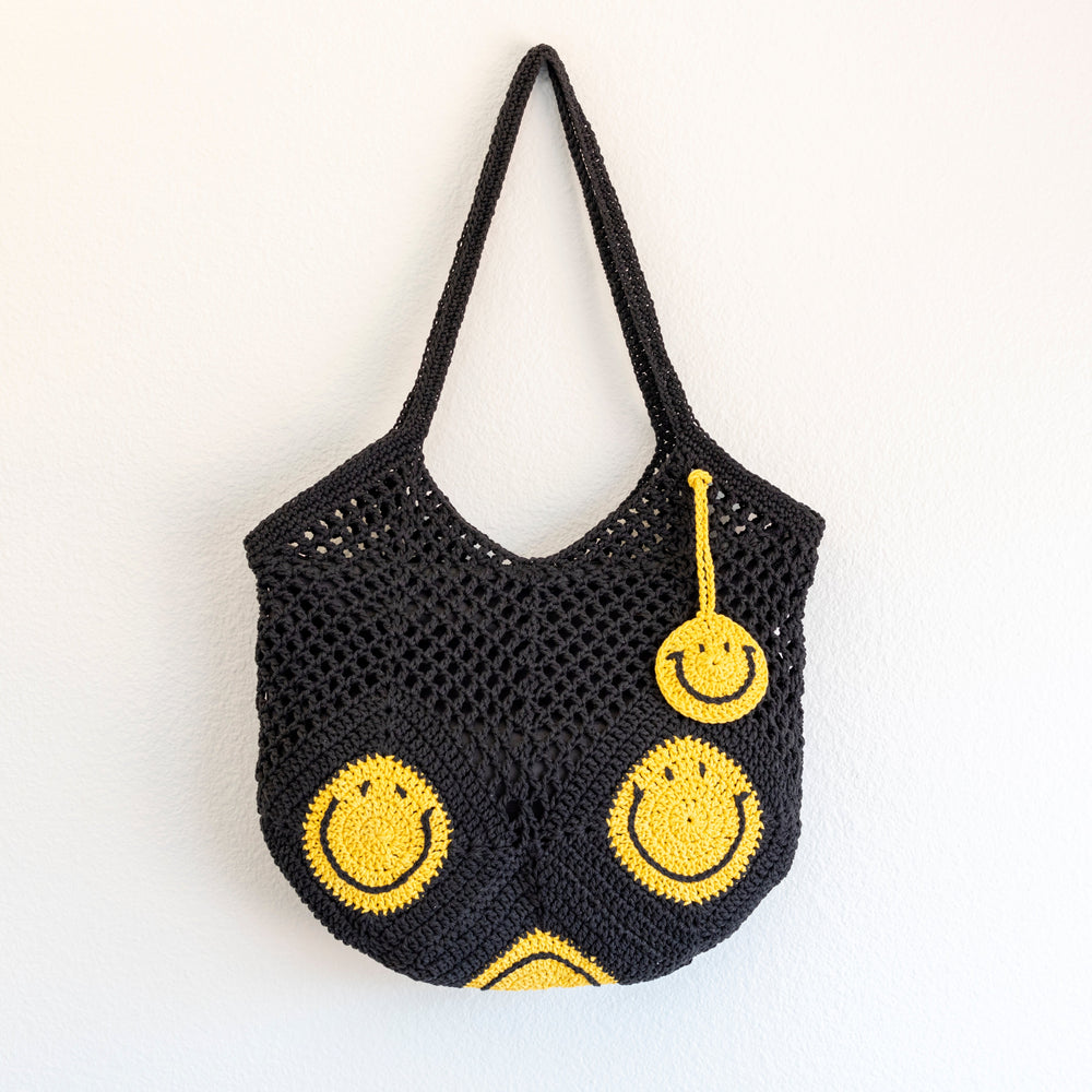 Damen Baumwoll-Häkel-Handtasche mit Smiley-Gesicht für Boho-Alltagsstil & Geschenke