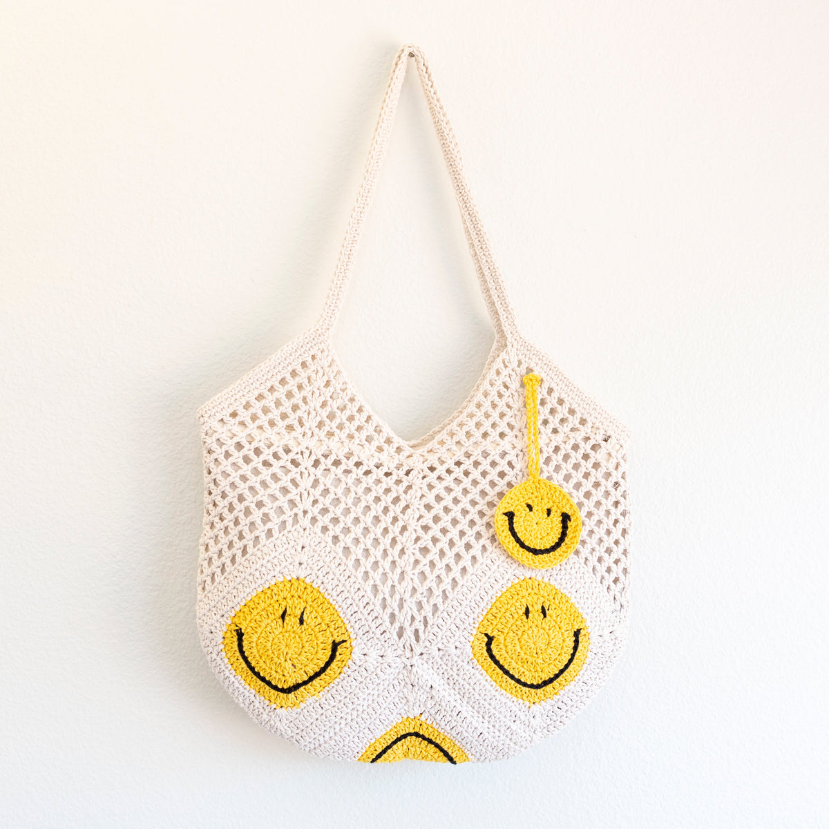 Women’s Cotton Crochet Handmade Shoulder Bag with Smiley Face Design for Boho Everyday Style & Gifts