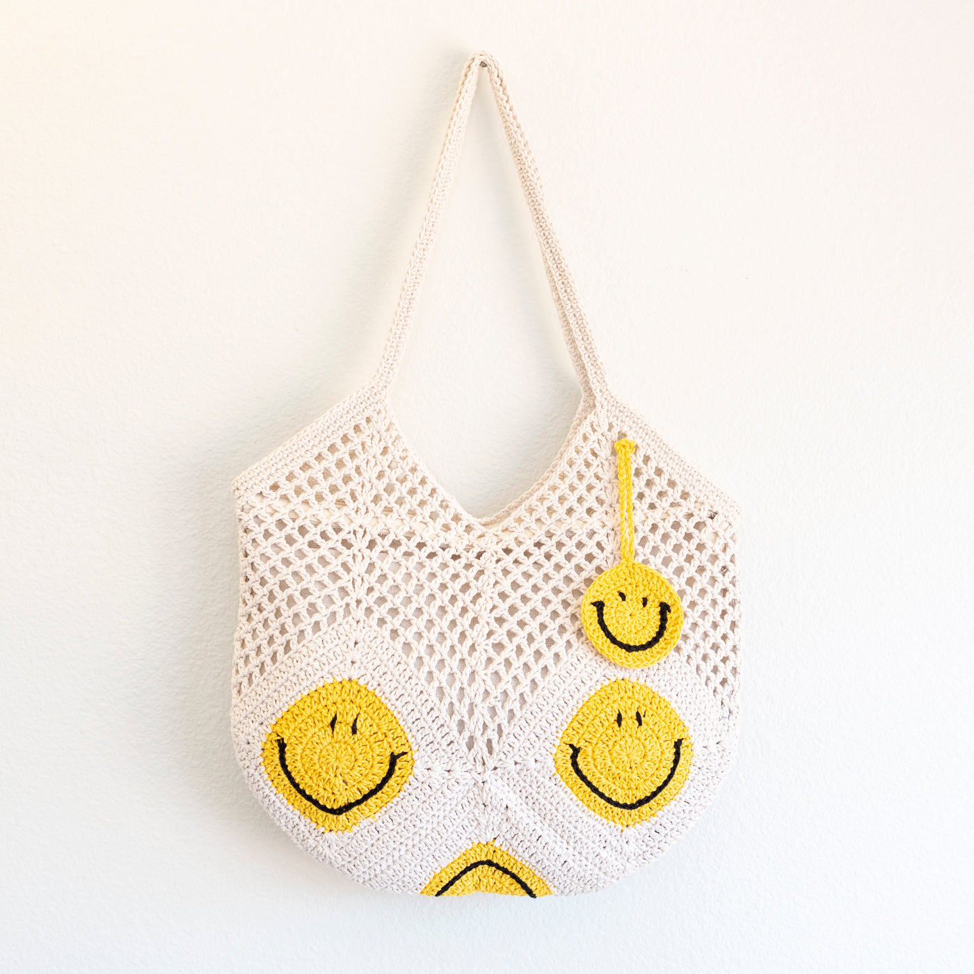 Women’s Cotton Crochet Handmade Shoulder Bag with Smiley Face Design for Boho Everyday Style & Gifts