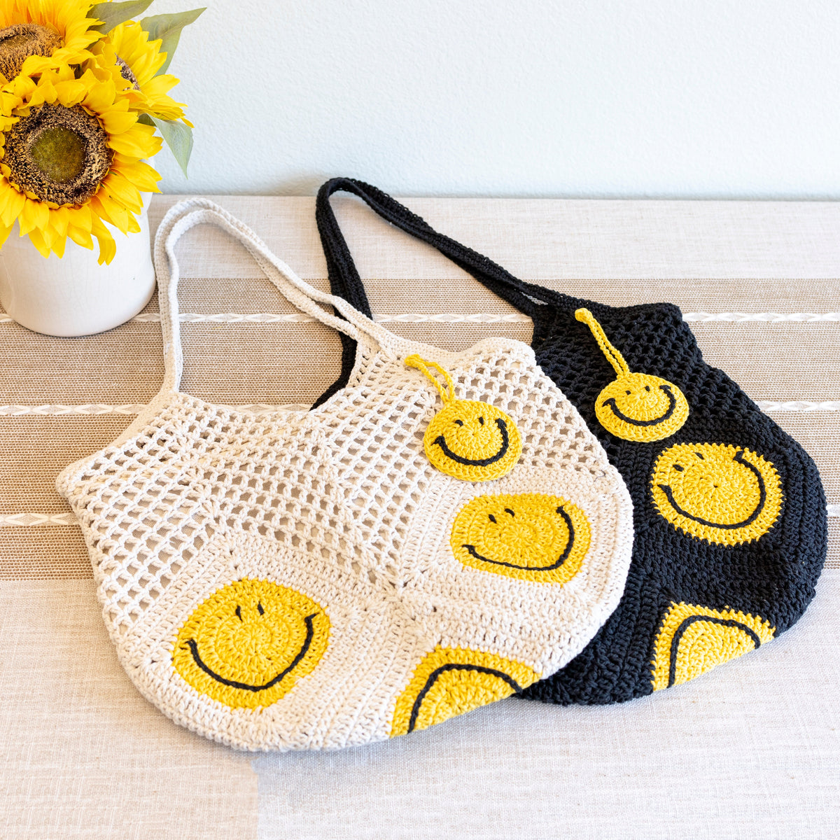 Women’s Cotton Crochet Handmade Shoulder Bag with Smiley Face Design for Boho Everyday Style & Gifts