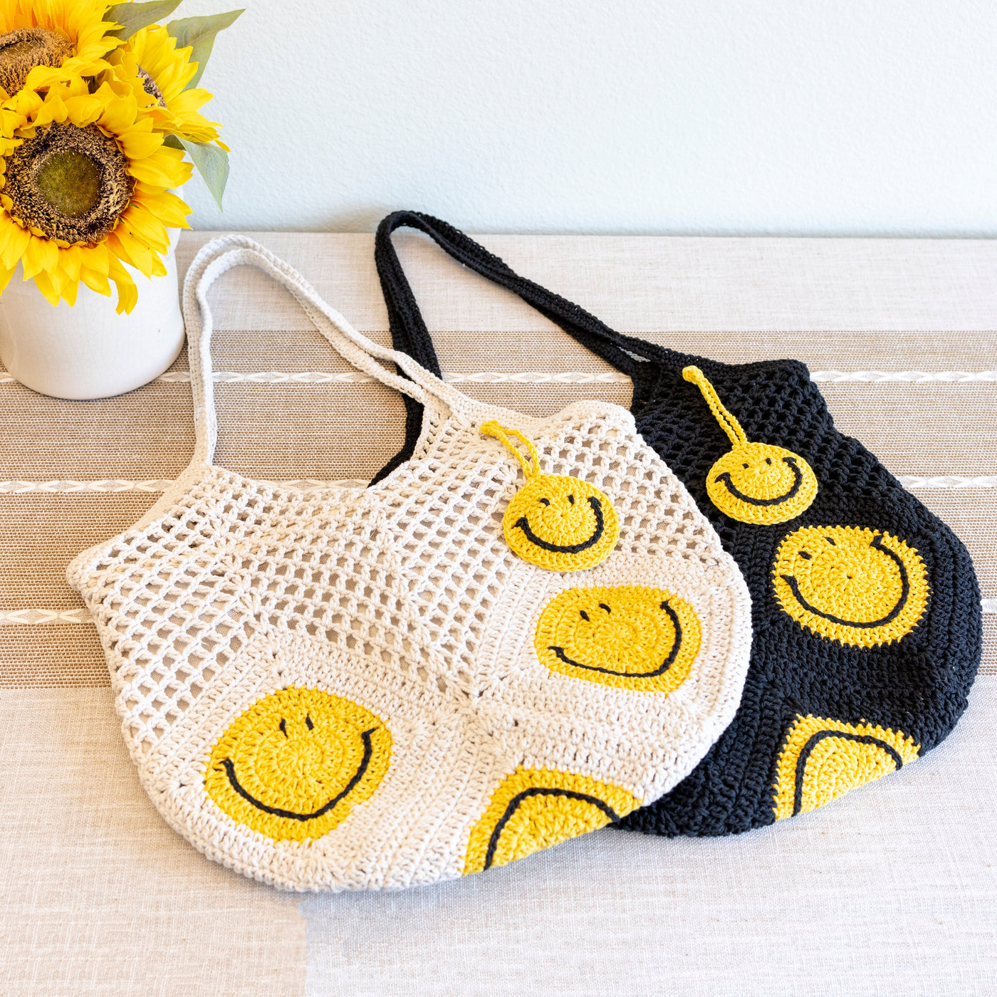 Women’s Cotton Crochet Handmade Shoulder Bag with Smiley Face Design for Boho Everyday Style & Gifts
