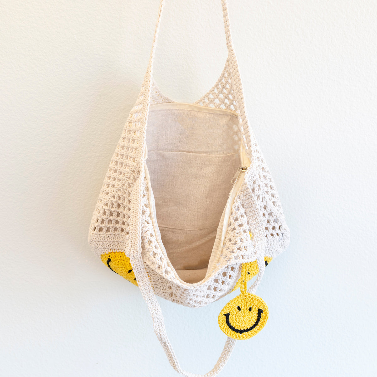 Women’s Cotton Crochet Handmade Shoulder Bag with Smiley Face Design for Boho Everyday Style & Gifts