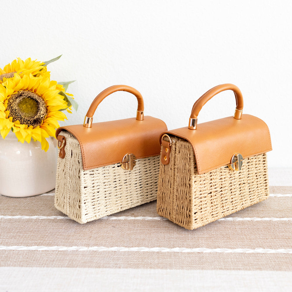 Women’s Straw Woven Box Bag with Leather Flap and Trims Handbag for Beach, Vacation & Summer Outfits