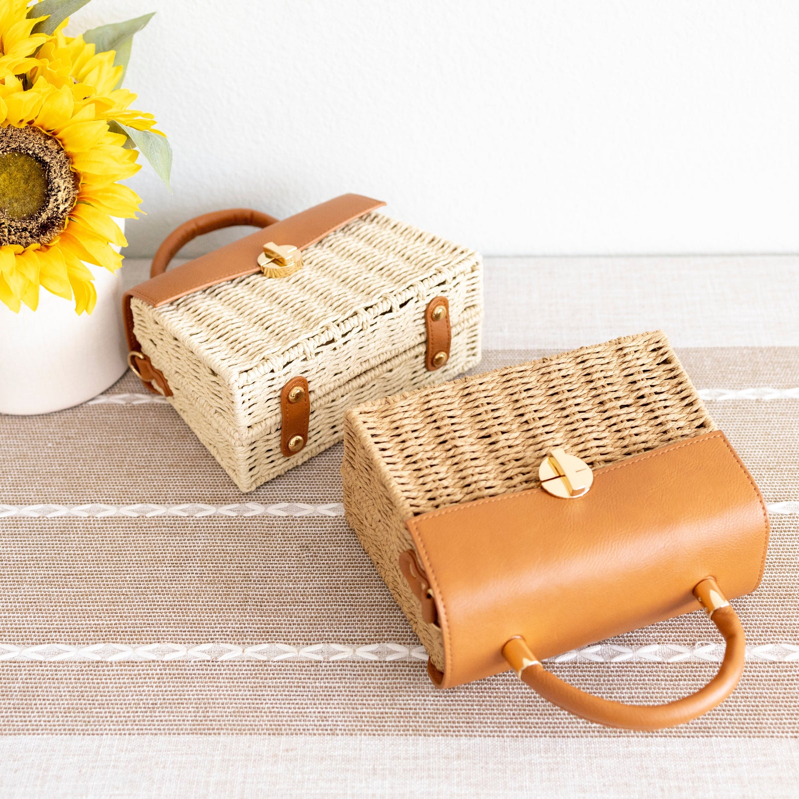 Women’s Straw Woven Box Bag with Leather Flap and Trims Handbag for Beach, Vacation & Summer Outfits