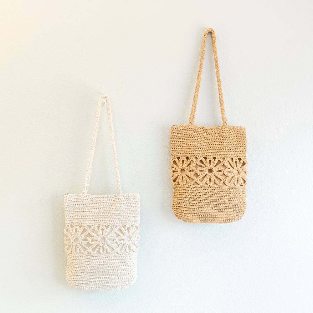 Gehäkelte Damen-Handtasche aus Baumwolle, mittelgroß, mit Blumenmuster, für Boho-Alltagsstil und Geschenke