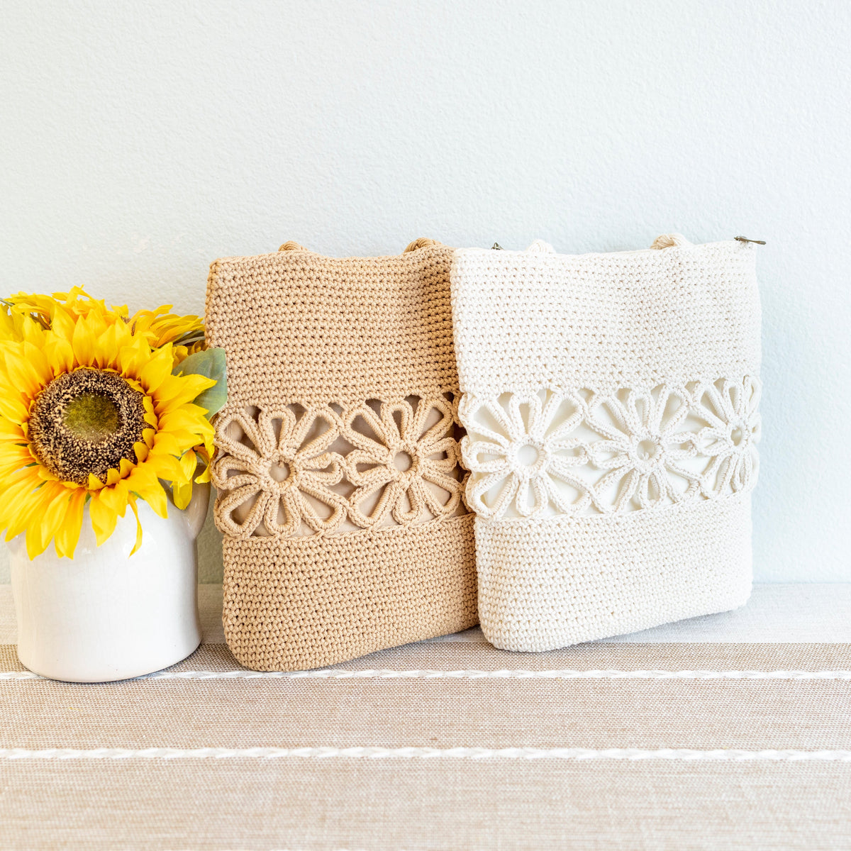 Women’s Crochet Medium Cotton Bag with Floral Design Purse for Boho Everyday Style & Gifts