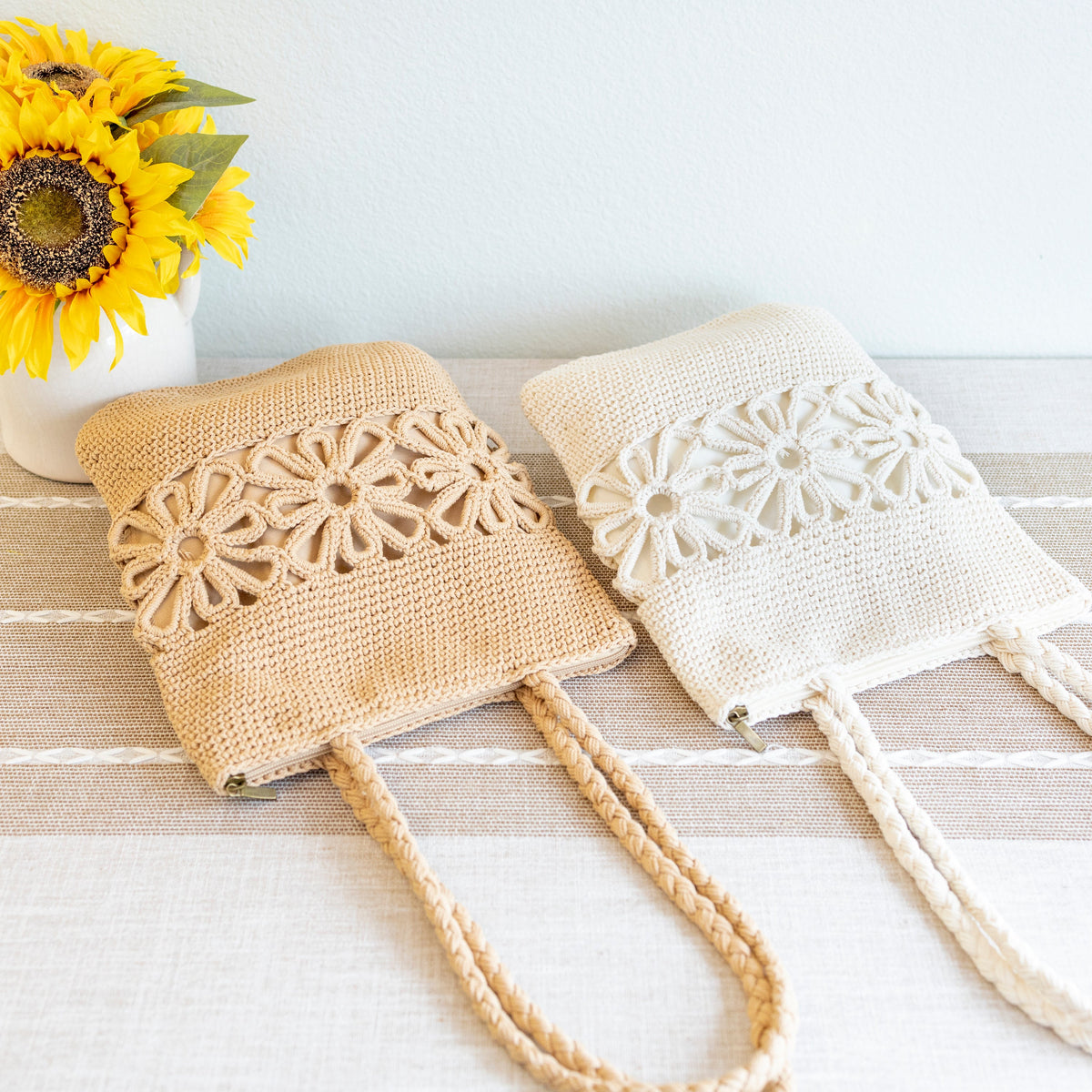 Women’s Crochet Medium Cotton Bag with Floral Design Purse for Boho Everyday Style & Gifts