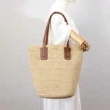 Women’s Large Soft Raffia Woven Summer Straw Tote with Genuine Leather Straps for Beach, Vacation & Summer Outfits