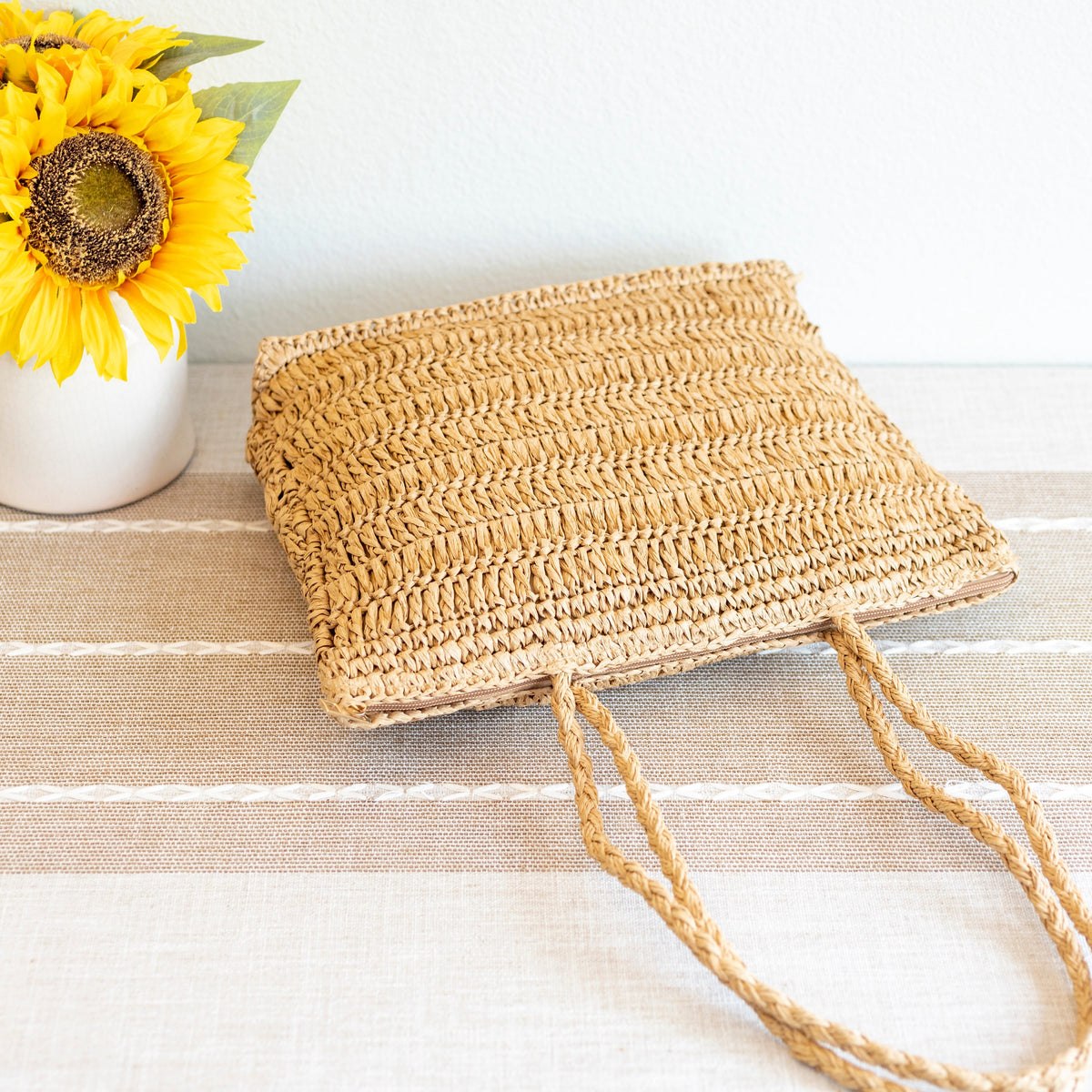 Women’s Straw Woven Tote with Floral Design for Beach, Vacation & Summer Outfits
