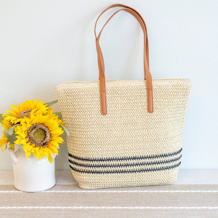 Gestreifte, große gewebte Strohtasche für Damen für Strand, Urlaub & Sommer-Outfits