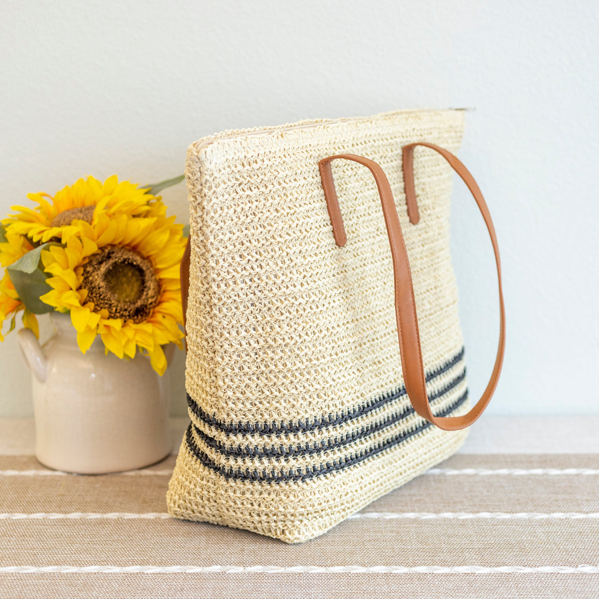 Women’s Striped Large Straw Woven Tote for Beach, Vacation & Summer Outfits