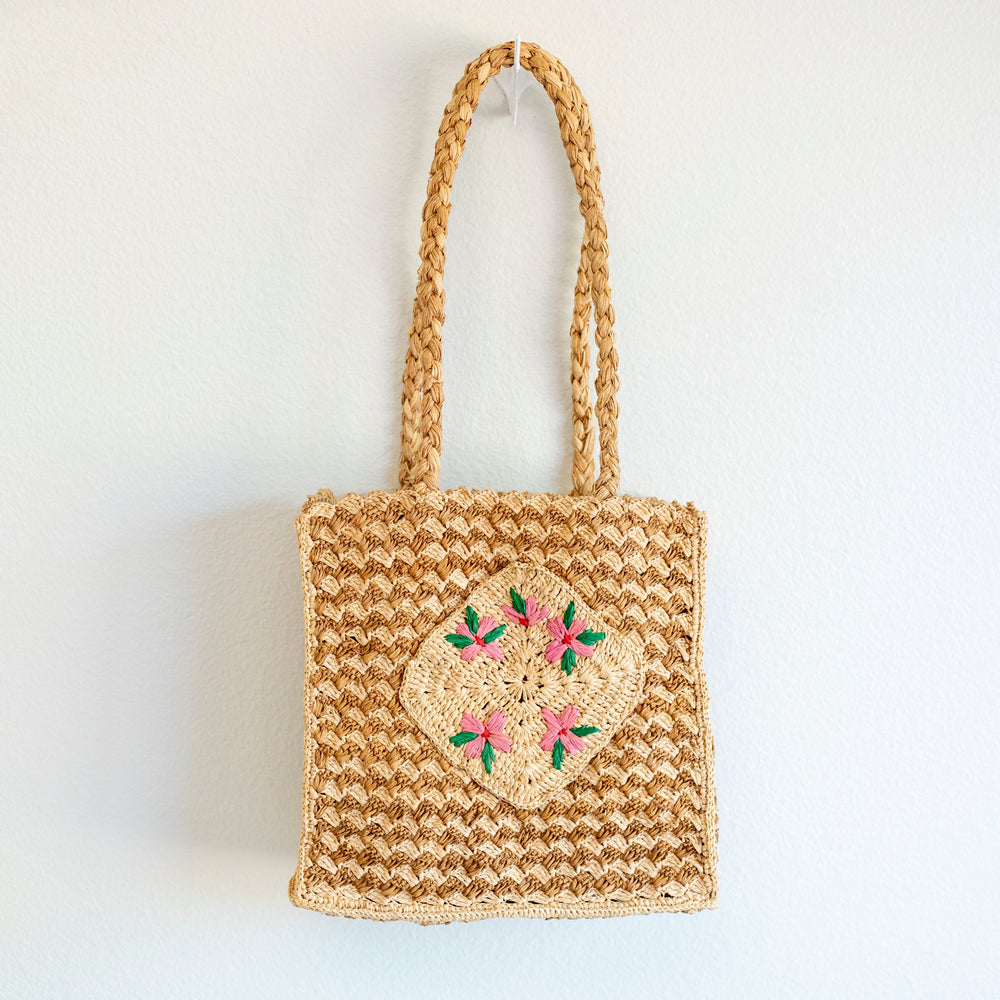 Women’s Top Handle Raffia Straw Handbag with Floral Designs Tote Bag for Beach, Vacation & Summer Outfits