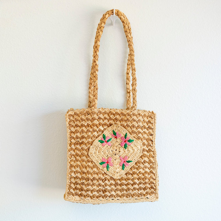 Handtasche für Damen mit Henkel, aus Bast und Stroh, mit Blumenmuster – eine Tragetasche für Strand, Urlaub und Sommer-Outfits