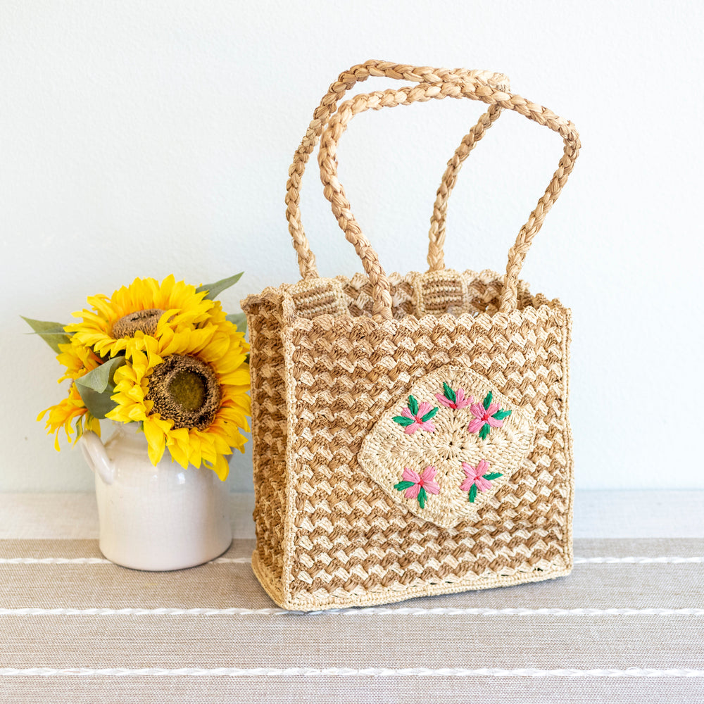 Women’s Top Handle Raffia Straw Handbag with Floral Designs Tote Bag for Beach, Vacation & Summer Outfits