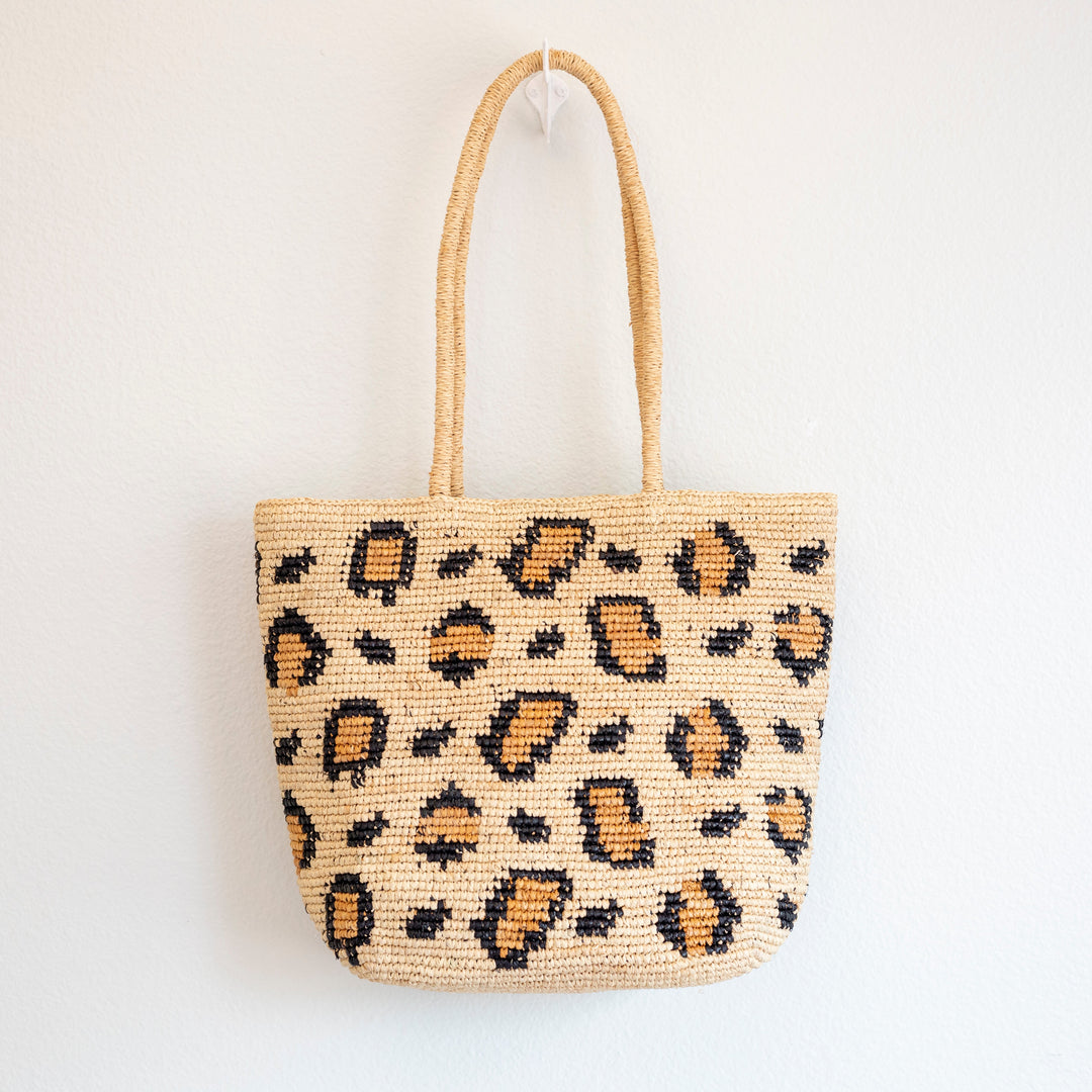Damen Leoparden-Design Bast-Strandtasche für Strand, Urlaub & Sommer-Outfits
