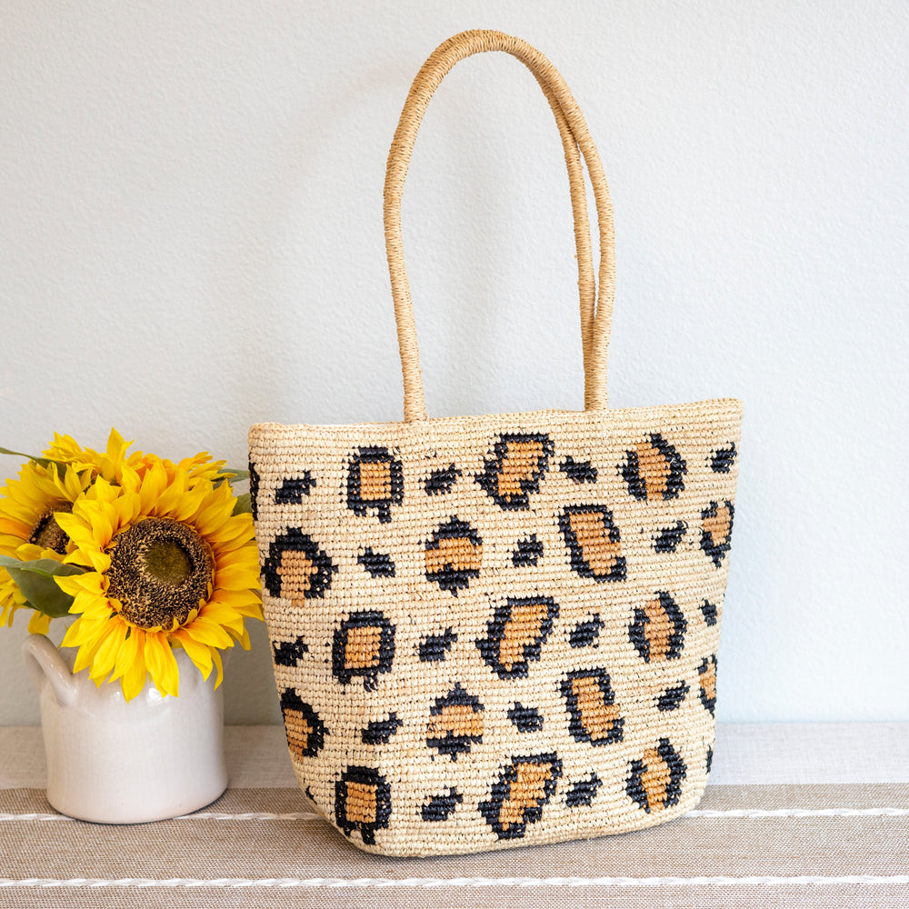 Damen Leoparden-Design Bast-Strandtasche für Strand, Urlaub & Sommer-Outfits