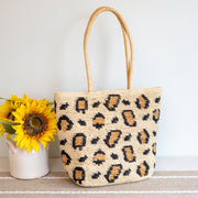 Women’s Leopard Design Raffia Summer Tote Bag for Beach, Vacation & Summer Outfits