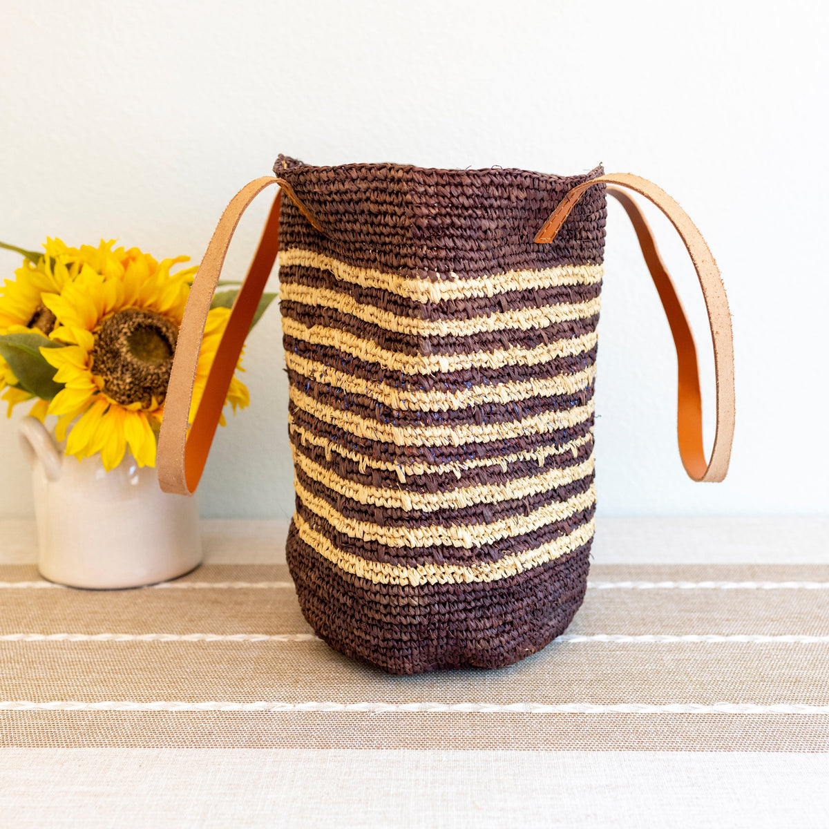 Women’s Soft Raffia Woven Summer Straw Tote with Genuine Leather Straps for Beach, Vacation & Summer Outfits