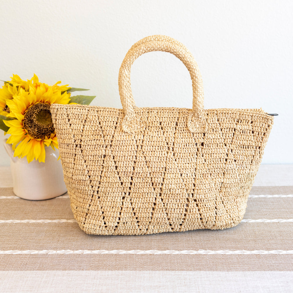 Damen handgewebte Bast-Strandtasche mit Henkel für Strand, Urlaub und Sommer-Outfits