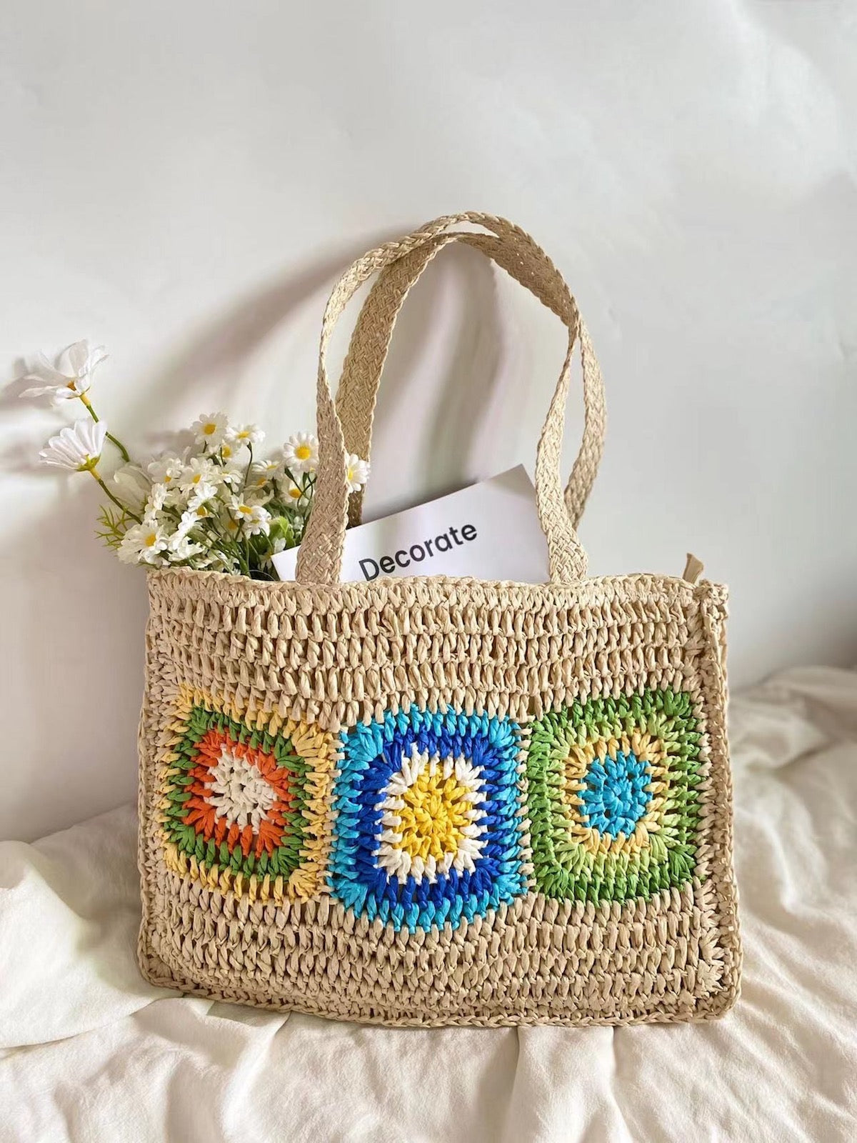 Women’s Granny Patch Large Straw Summer Tote for Beach, Vacation & Summer Outfits