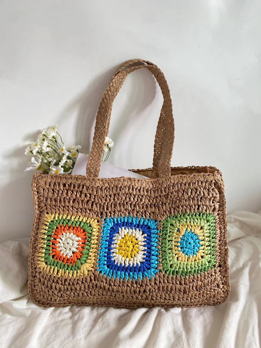 Große Stroh-Sommertasche für Damen im Granny-Patchwork-Design für Strand, Urlaub und Sommer-Outfits