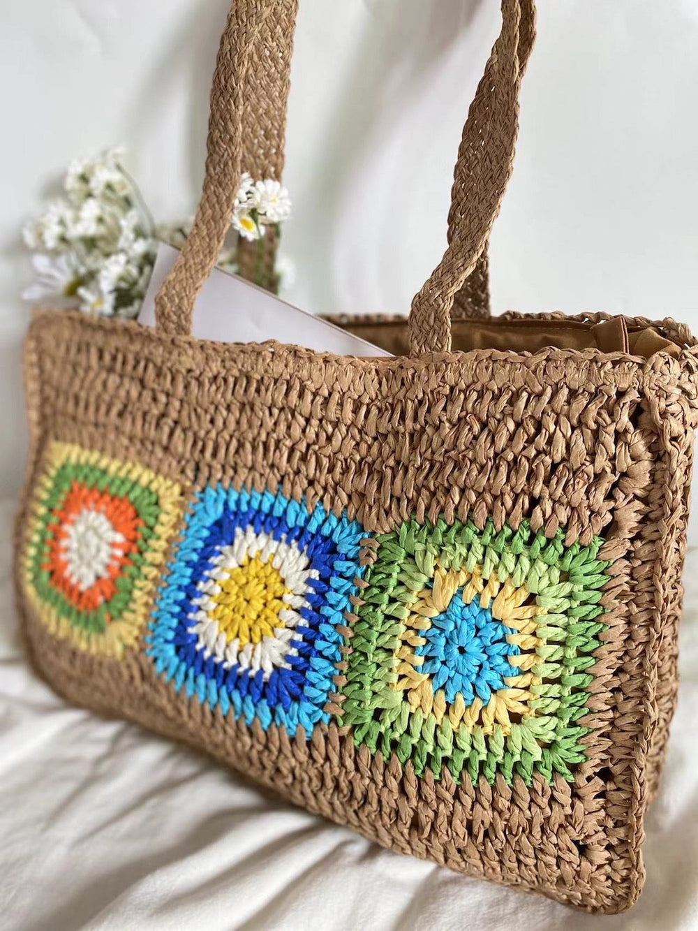 Große Stroh-Sommertasche für Damen im Granny-Patchwork-Design für Strand, Urlaub und Sommer-Outfits