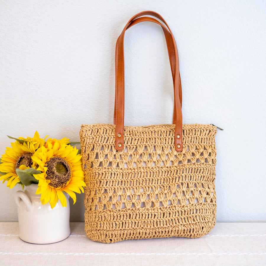 Women’s Patterned Straw Woven Tote Bag for Beach, Vacation & Summer Outfits