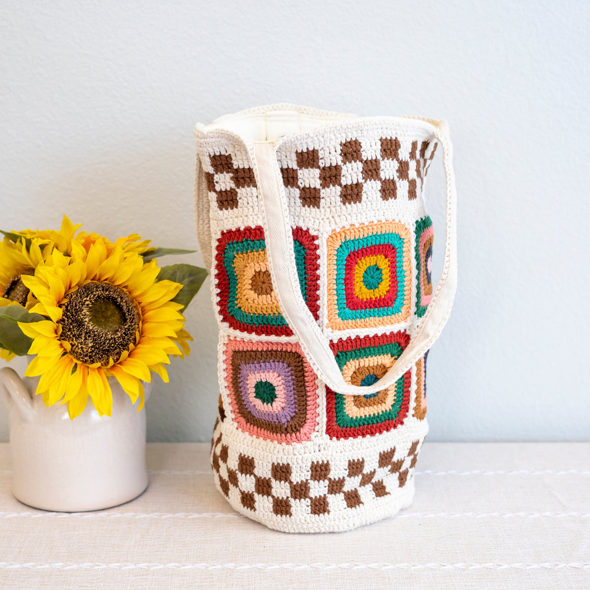 Women’s Crochet Cotton Handmade Granny Square Shoulder Tote Bag for Boho Everyday Style & Gifts