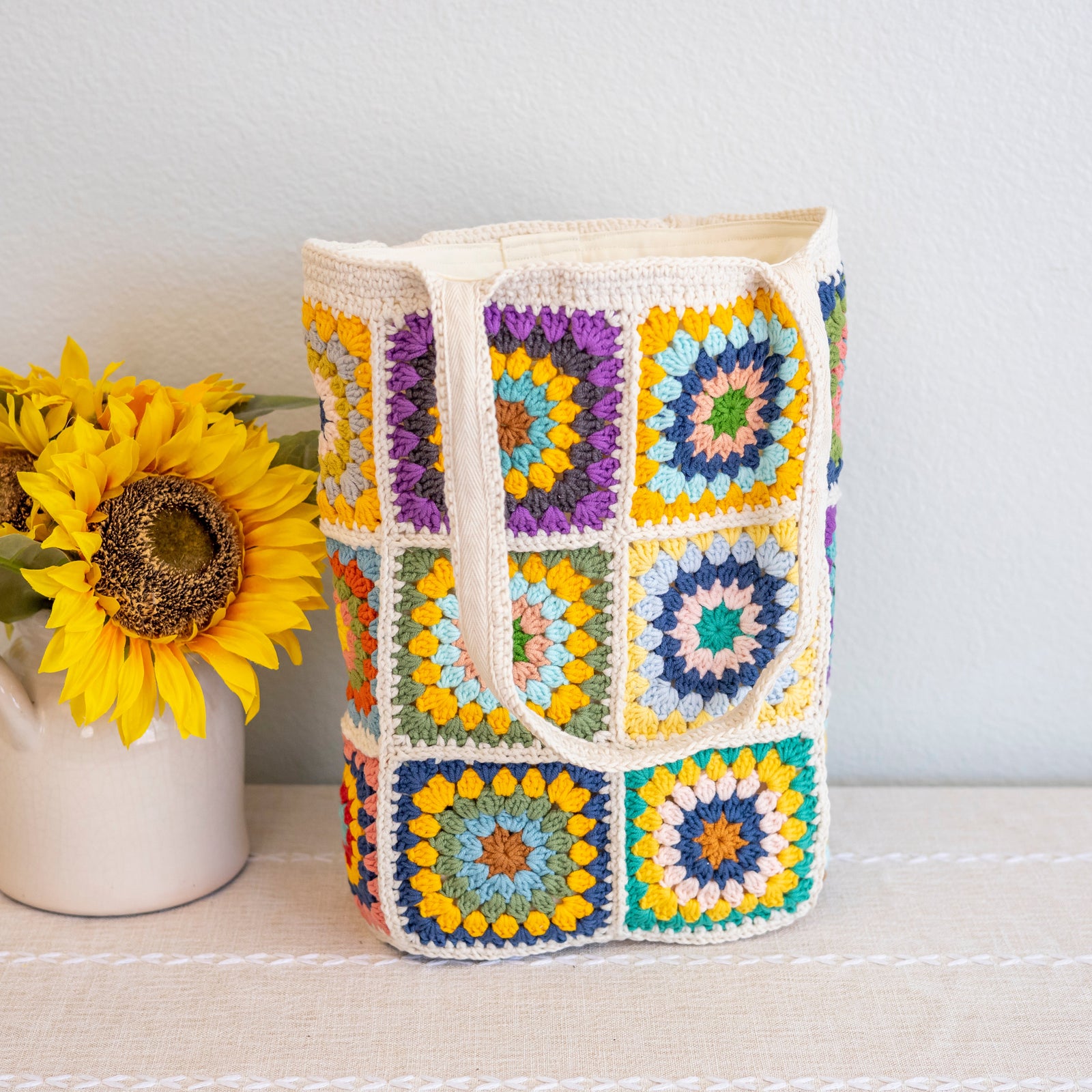 Women’s Crochet Cotton Handmade Granny Square Shoulder Tote Bag for Boho Everyday Style & Gifts