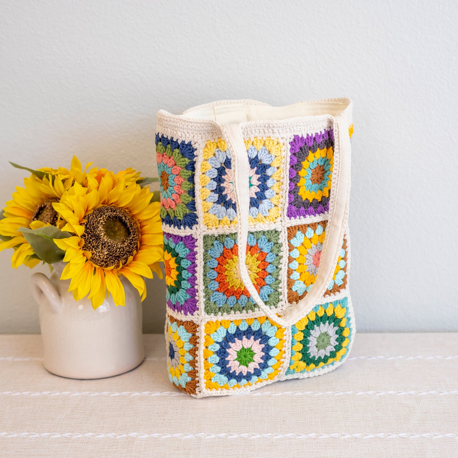Women’s Crochet Cotton Handmade Granny Square Shoulder Tote Bag for Boho Everyday Style & Gifts
