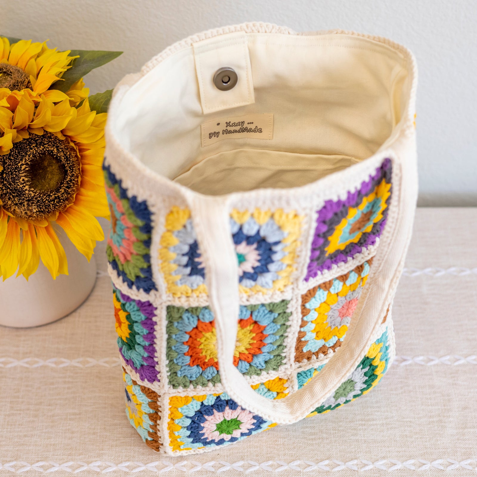 Women’s Crochet Cotton Handmade Granny Square Shoulder Tote Bag for Boho Everyday Style & Gifts